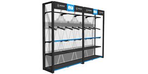 prezentační stěna na oblečení Premium Advanced pro zavěšení bund a kalhot, 4 modul s předělem, OXFORD (ŠxVxHL = 3400x2300x585 mm)